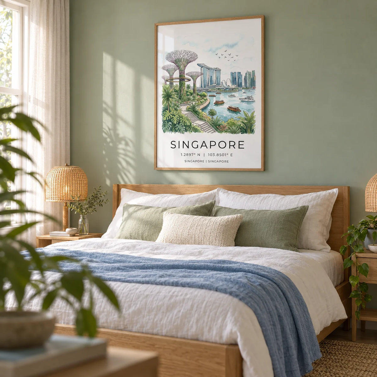 Singapore City Landscape Art, framed on the wall of a calm bedroom with a soft sage green wall