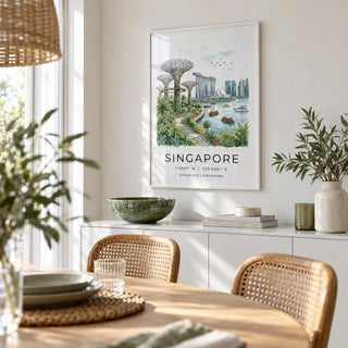 Singapore City Landscape Art, framed on the wall of a light dining room