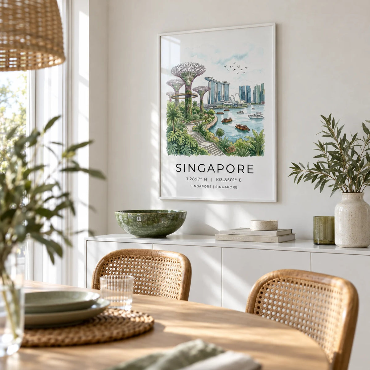 Singapore City Landscape Art, framed on the wall of a light dining room