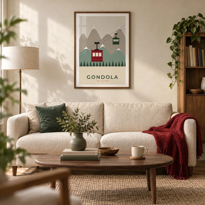 Ski Wall Art, framed on the wall of a warm modern living room in a UK terraced house with an ivory plaster wall and walnut furniture