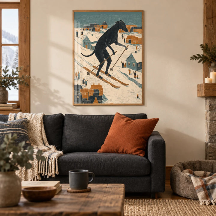 Skiing Dog Art Print, framed on the wall of a cosy chalet-style living room with a cream wall