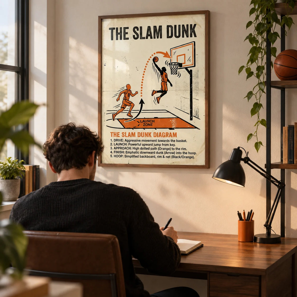 Slam Dunk Diagram Art, framed on the wall of a basketball enthusiast's compact home study in a first flat (22-28)