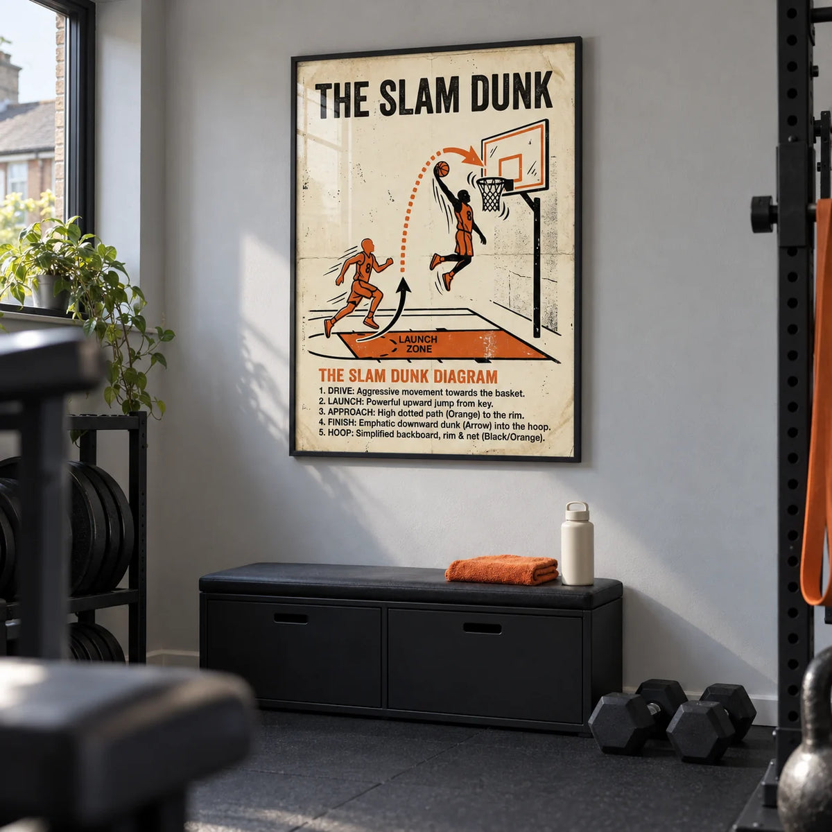 Slam Dunk Diagram Art, framed on the wall of a compact converted-garage home gym in a UK terraced house