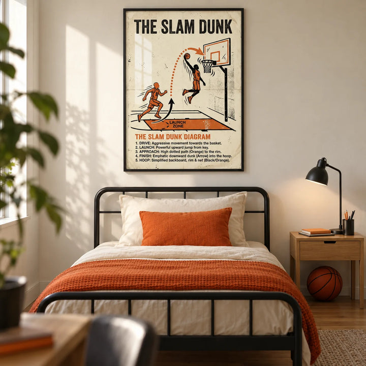 Slam Dunk Diagram Art, framed on the wall of a modern basketball fan's single bedroom for a teenager (13-17) in a UK family home