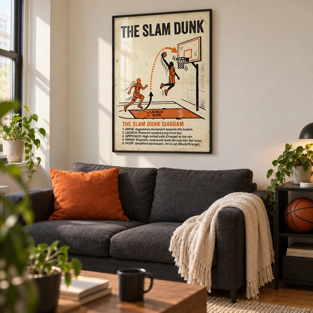 Slam Dunk Diagram Art, framed on the wall of a modern living room in a young adult's UK city flat (22-30)