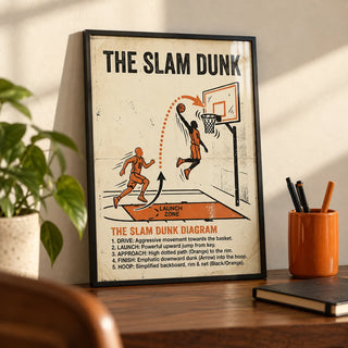 Slam Dunk Diagram Art, a small A4 framed print leaning on a walnut desk