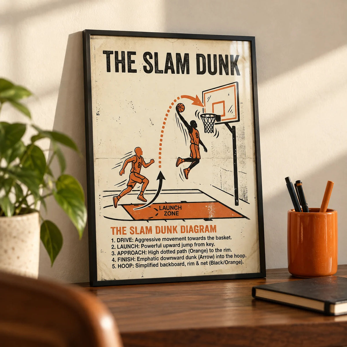 Slam Dunk Diagram Art, a small A4 framed print leaning on a walnut desk