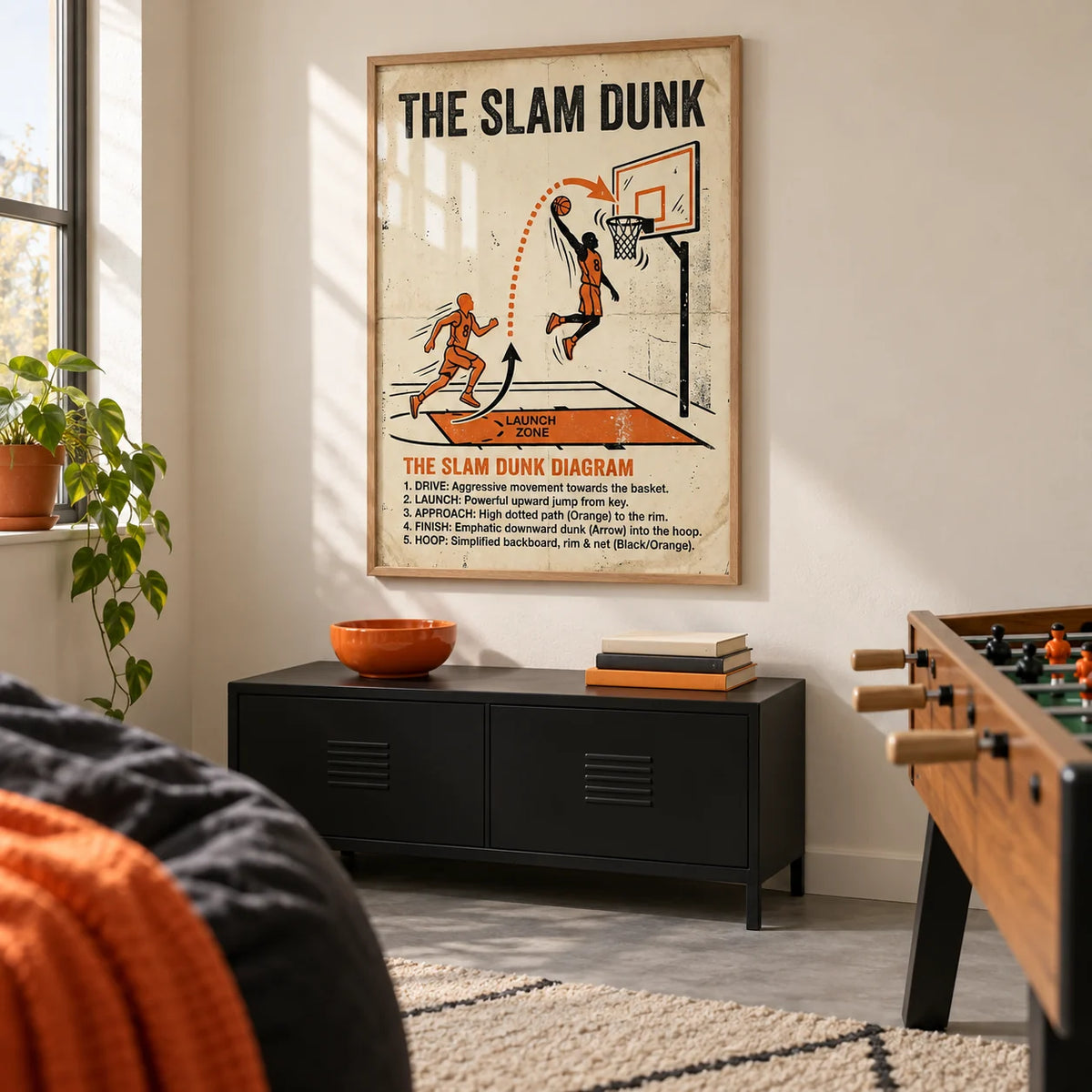 Slam Dunk Diagram Art, framed on the wall of a small basketball fan's games den in a UK family home