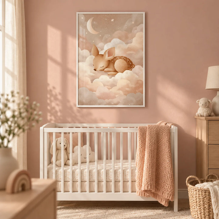 Sleeping Deer Wall Art, framed on the wall of a soft nursery with a dusky pink wall