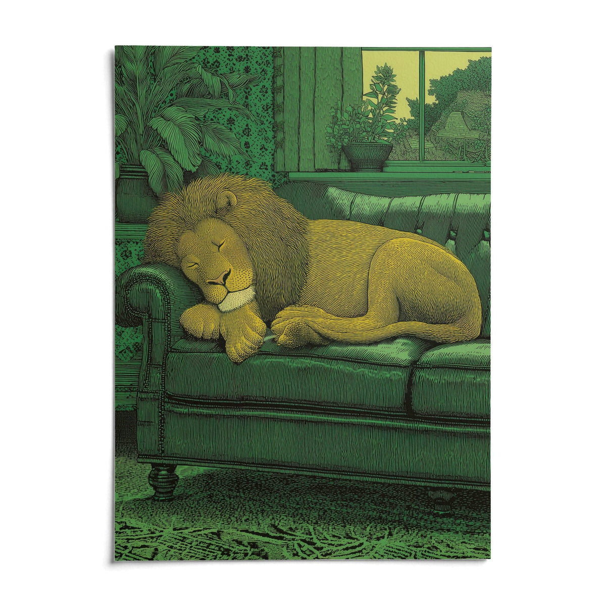 Sleeping Lion Print, shown as an unframed paper print on a plain white background
