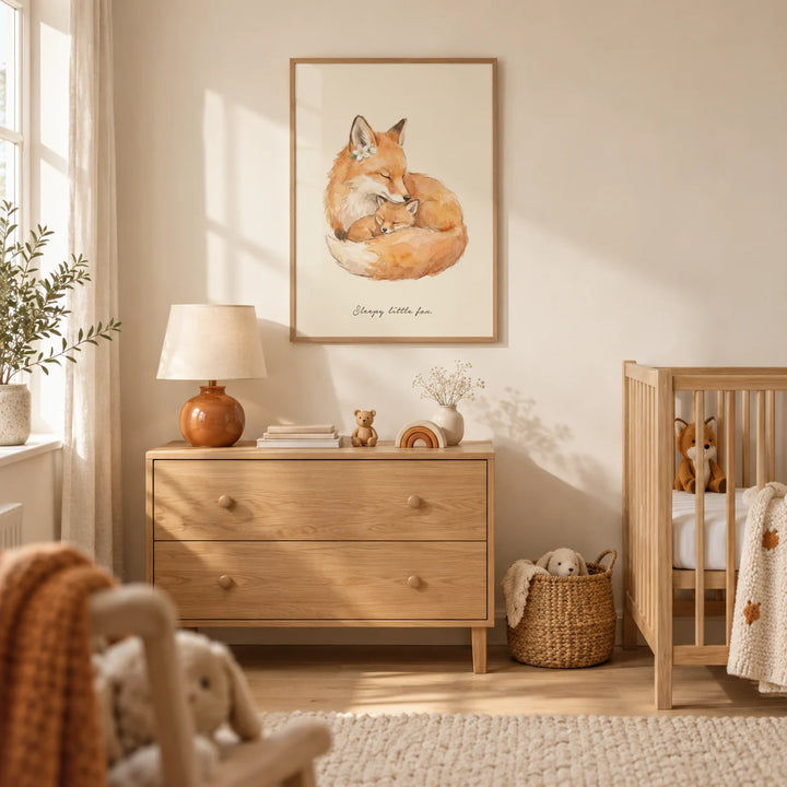 Sleepy Fox Art Print, framed on the wall of a calm Scandi nursery in a UK family home with warm ivory walls and pale oak floorboards