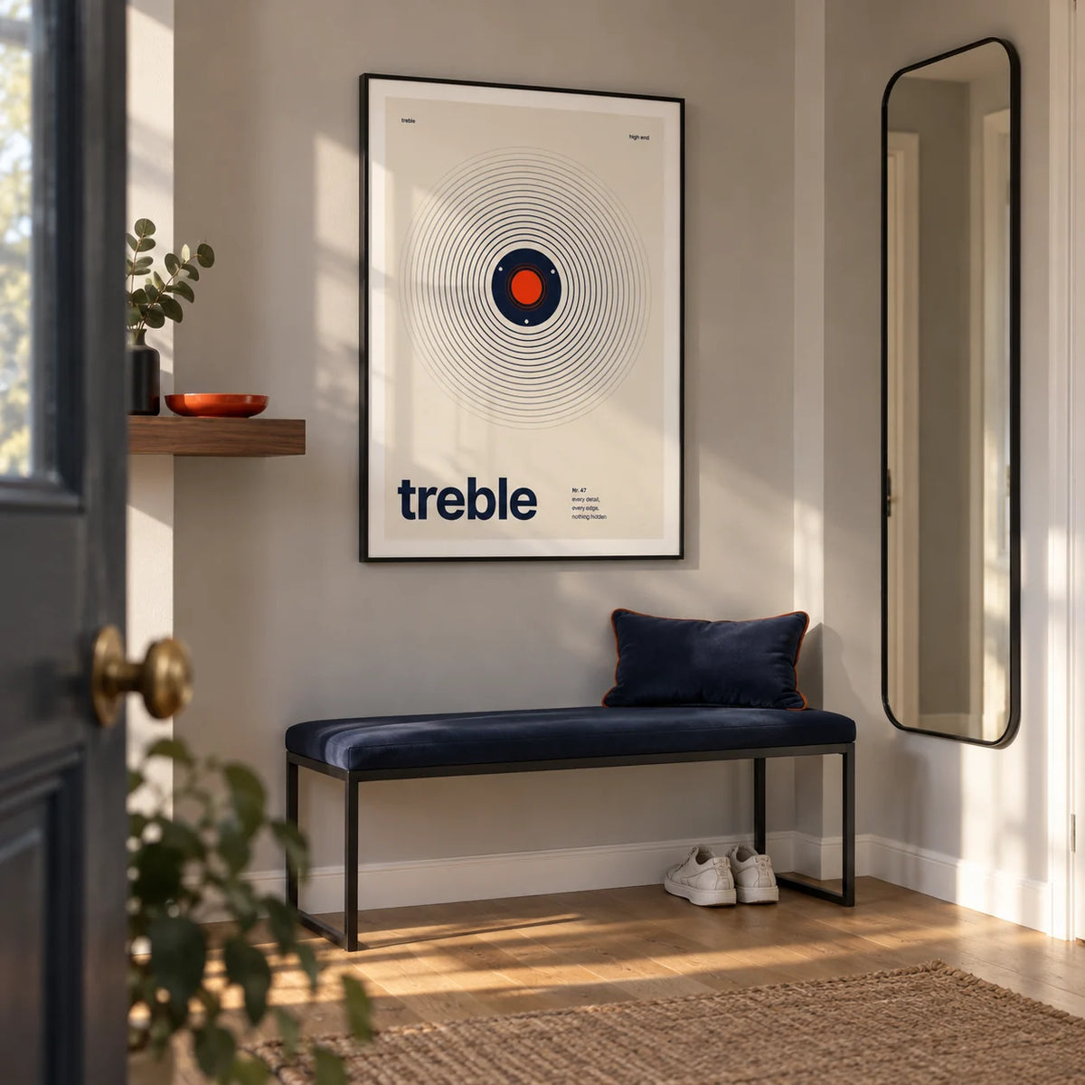 Sound Wave Poster, framed on the wall of a contemporary entrance hallway in a UK first flat for a design enthusiast (25-35)
