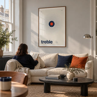 Sound Wave Poster, framed on the wall of a design-led living room in a converted UK flat with a pale grey wall and tall windows