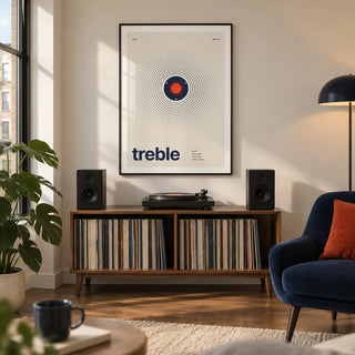 Sound Wave Poster, framed on the wall of a modern listening room in a UK city flat with a warm white wall and walnut floor in a living room