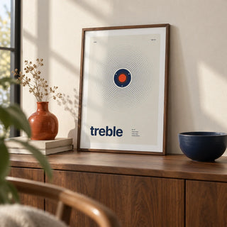 Sound Wave Poster, a small A4 framed print leaning on a walnut side table in a hallway