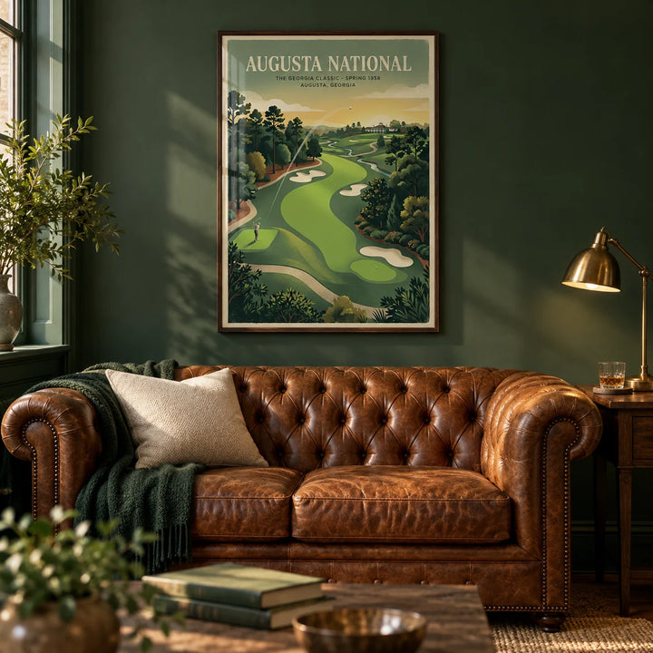 Southern Golf Course Poster, framed on the wall of a cosy snug with a deep pine green painted wall in a living room