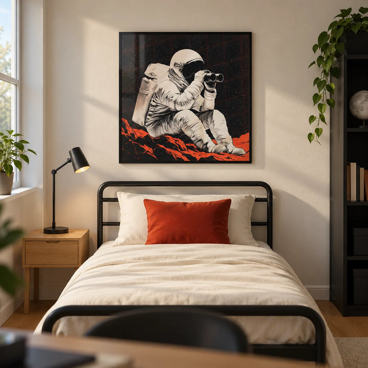 Space Exploration Poster, framed on the wall of a modern teenage space enthusiast’s single bedroom (13-17) in a UK family home with a warm white wall and oak floor