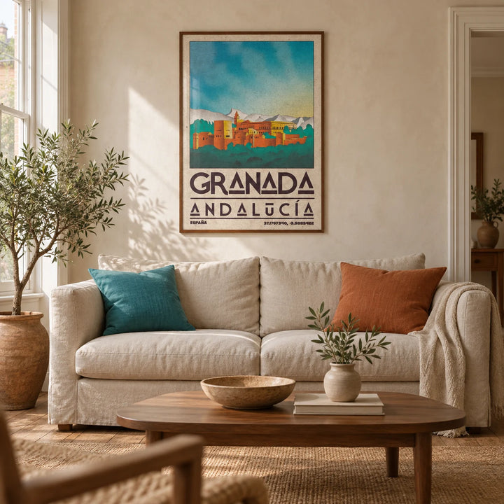 Spanish City Poster, framed on the wall of a warm Mediterranean-inspired living room in a UK Victorian terrace with cream limewashed walls and stripped wooden floorboards