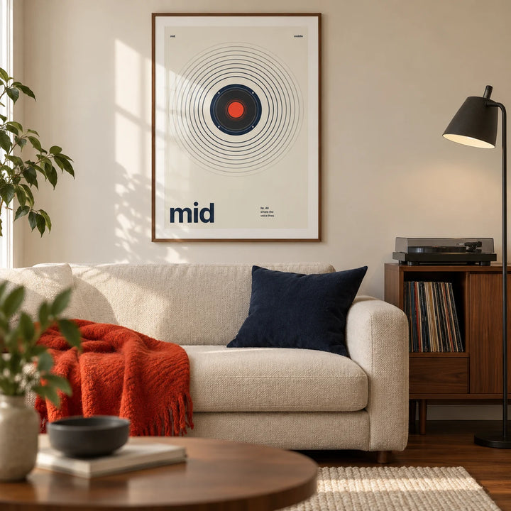 Speaker Poster, framed on the wall of a modern living room in a UK city flat with warm white walls and walnut flooring