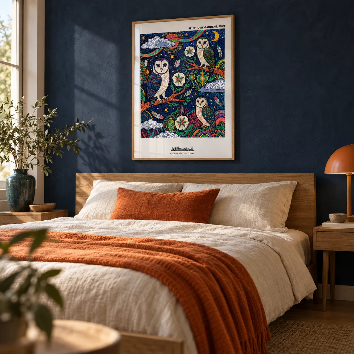 Spiritual Garden Poster, framed on the wall of a calm bedroom with a navy limewashed wall