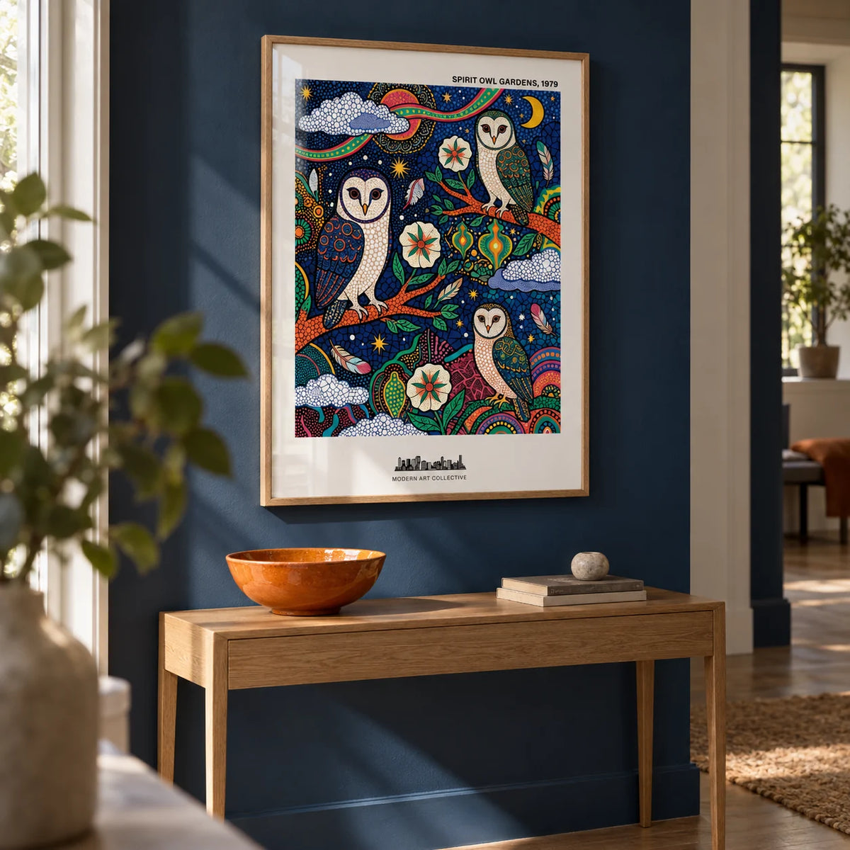 Spiritual Garden Poster, framed on the wall of a hallway with a navy wall