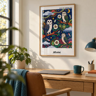 Spiritual Garden Poster, framed on the wall of a home office with a warm white wall