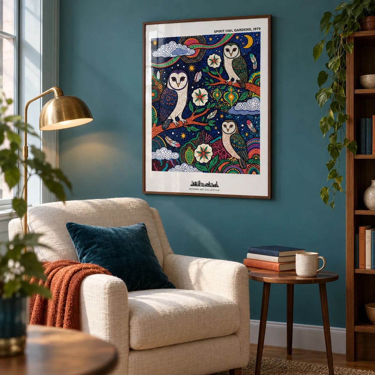 Spiritual Garden Poster, framed on the wall of a reading corner with a teal painted wall in a living room