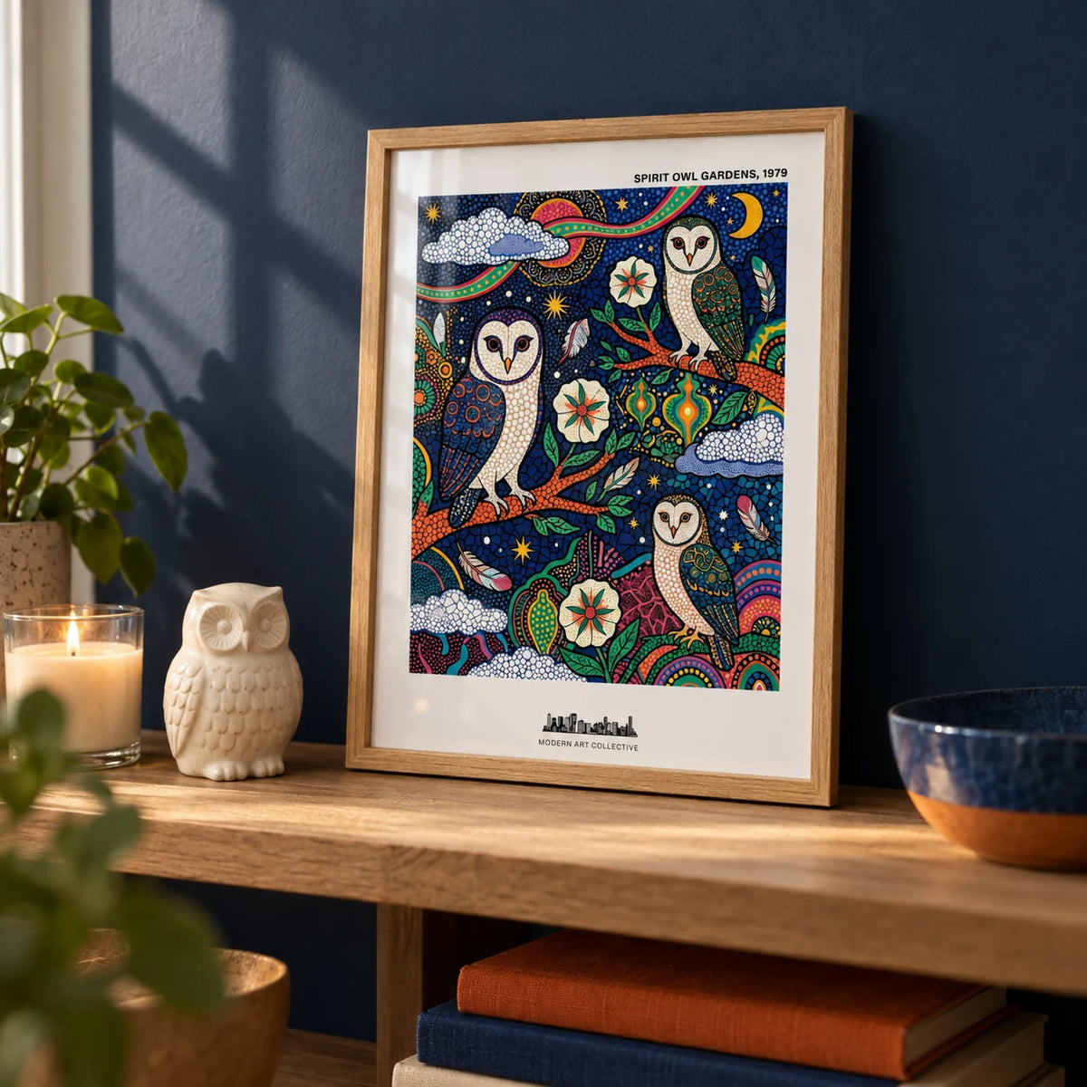 Spiritual Garden Poster, a small A4 framed print leaning on an oak shelf in a living room