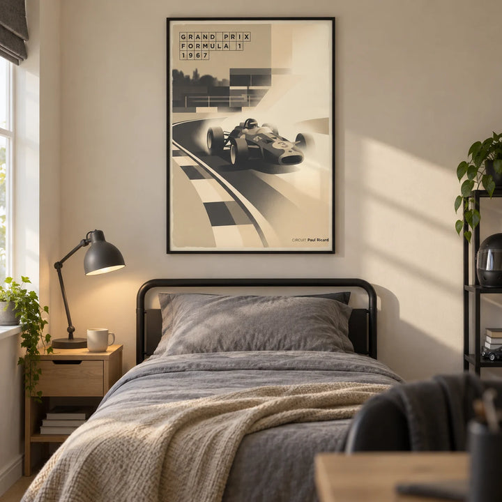 Sports Car Poster, framed on the wall of a modern teenage motorsport fan's single bedroom (13-17) in a UK family home with a warm cream wall