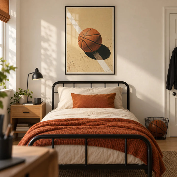 Sports Wall Art, framed on the wall of a modern basketball-loving teenager's single bedroom (13-17) in a UK family home