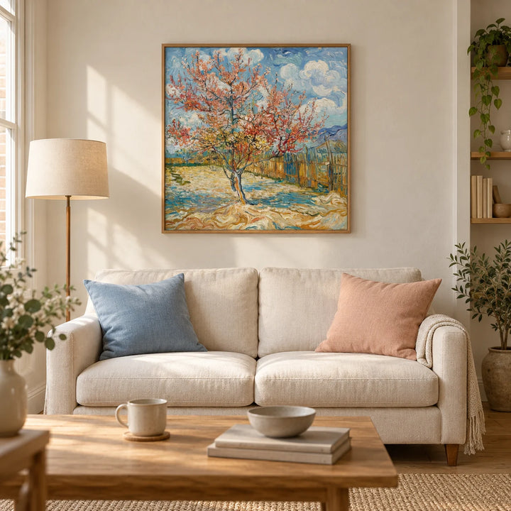 Spring Tree Art Print, framed on the wall of a calm living room in a UK terraced house with warm ivory plaster walls and an oak floor