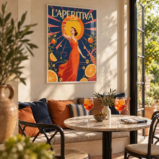 Spritz Gift, framed on the wall of a dining nook by open garden doors