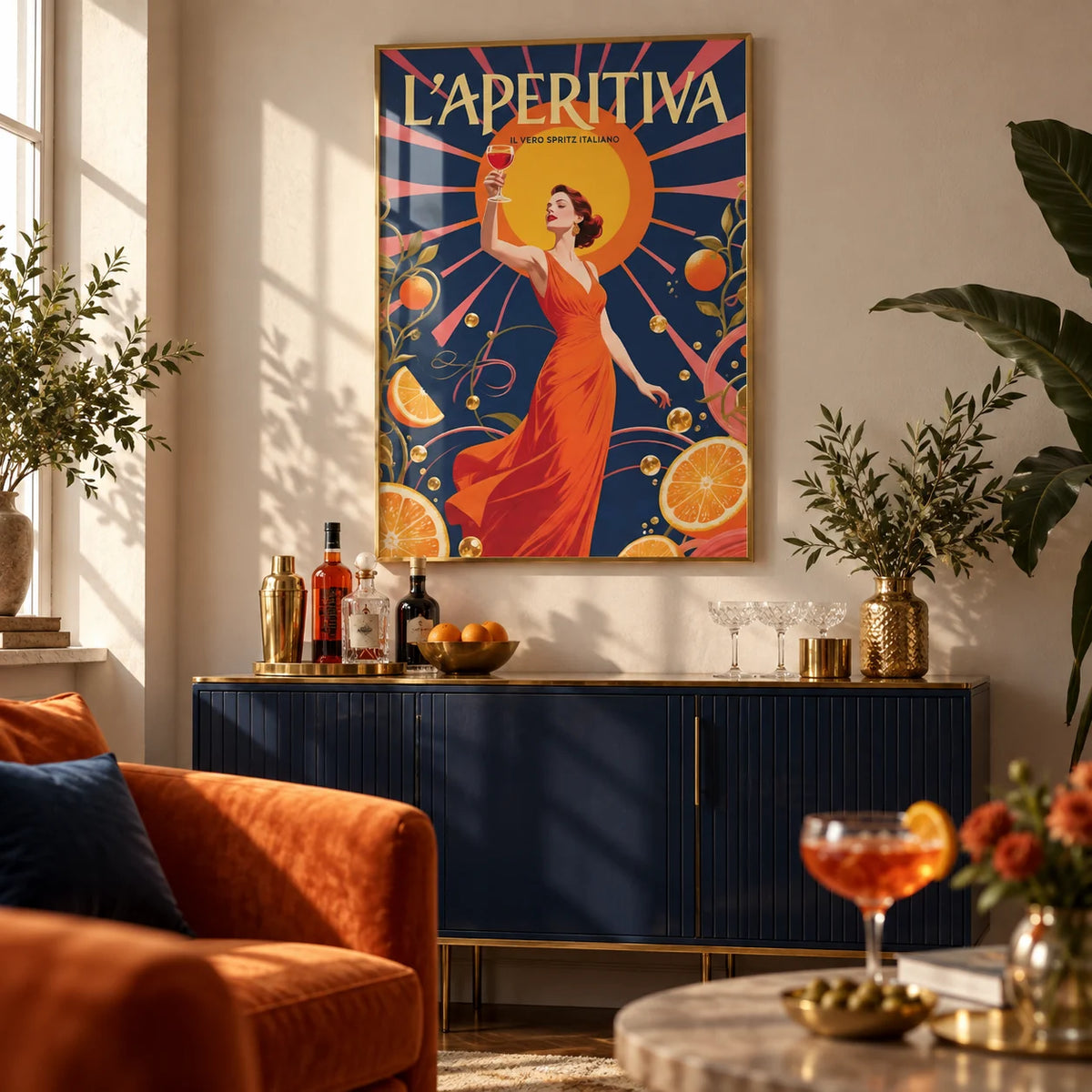 Spritz Gift, framed on the wall of a living room drinks corner