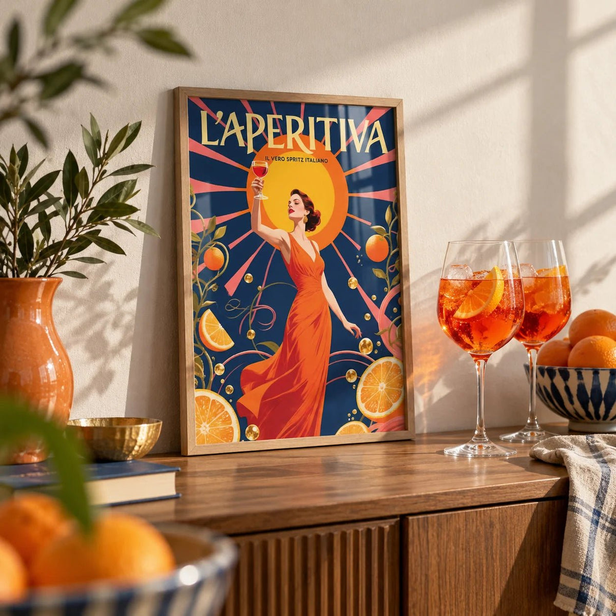 Spritz Gift, a small A4 framed print leaning on a sideboard in a living room