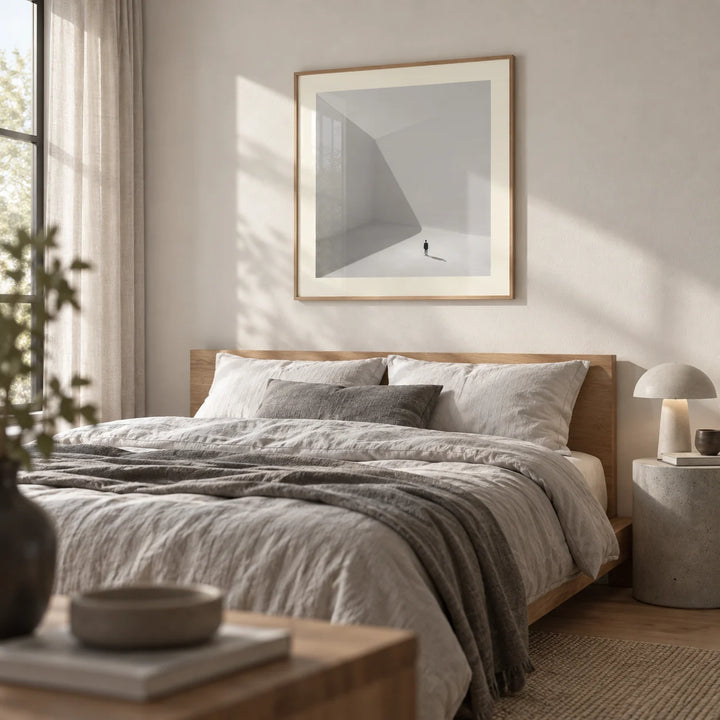 Square Art Prints, framed on the wall of a calm minimal bedroom