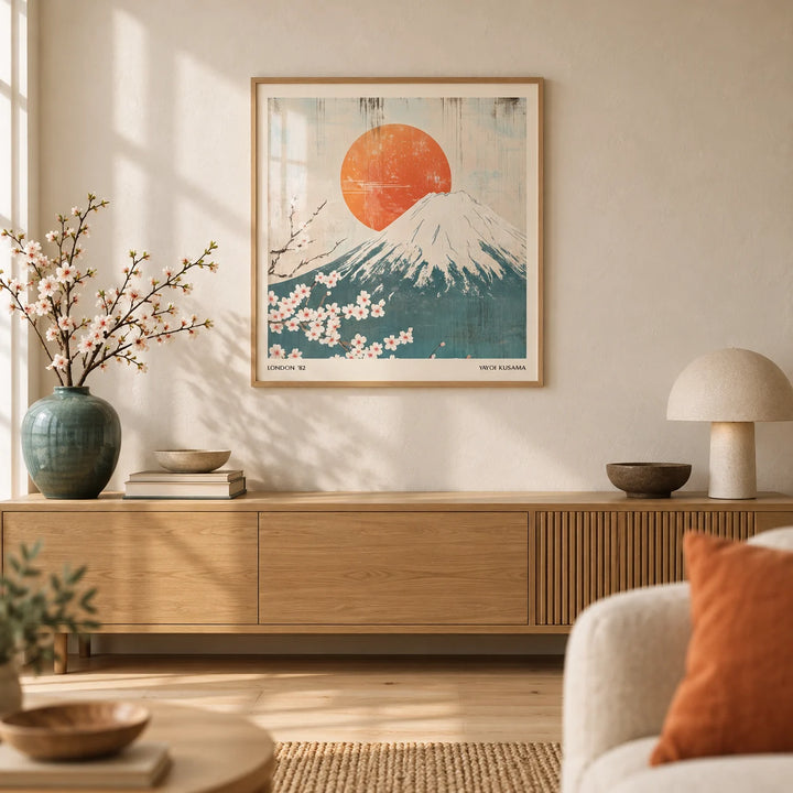 Square Print, framed on the wall of a calm Japandi living room with a warm white limewashed wall and a pale oak floor