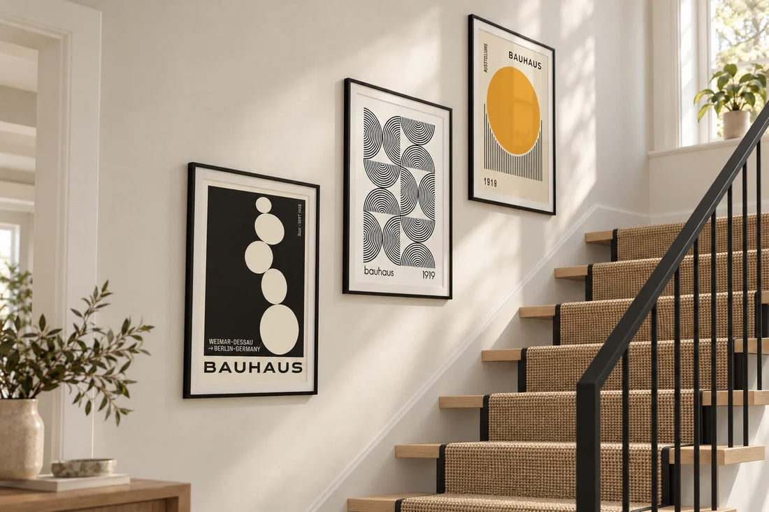 Three Bauhaus art prints in black frames hung in a rising line up a staircase wall, black stacked circles, black and white arcs and a yellow sun, above a natural sisal stair runner