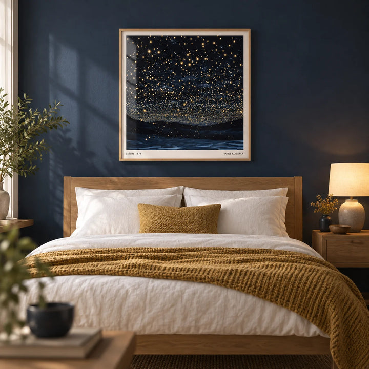 Starry Night Print, framed on the wall of a calm bedroom with a deep navy painted wall