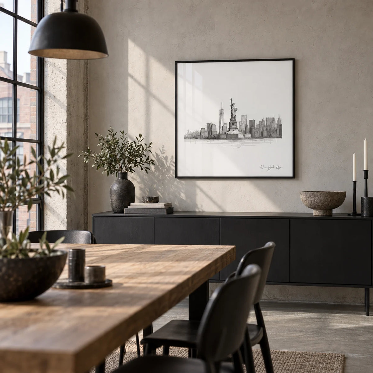 Statue of Liberty Print, framed on the wall of an industrial loft dining area with a concrete floor and steel-framed windows