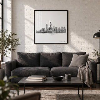 Statue of Liberty Print, framed on the wall of a modern city-flat living room with exposed brick painted white and a dark wood floor