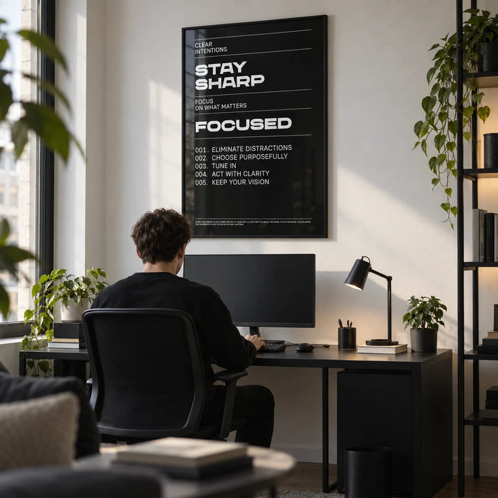Stay Focused Poster, framed on the wall of a focused study corner in a modern flat with a white wall