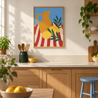 Still Life Poster, framed on the wall of a bright modern kitchen in a UK terraced home with warm white walls