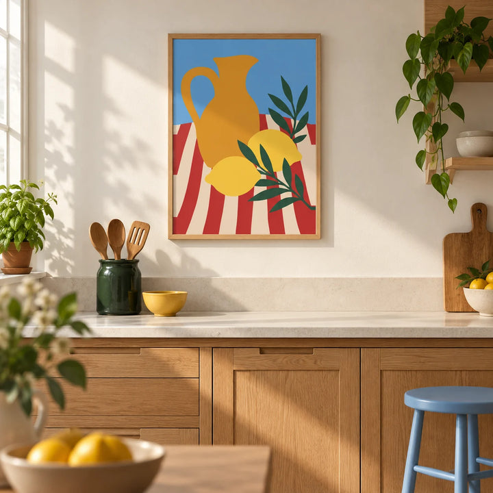 Still Life Poster, framed on the wall of a bright modern kitchen in a UK terraced home with warm white walls