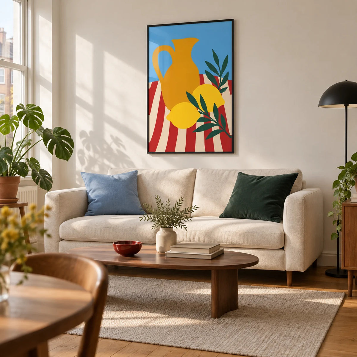 Still Life Poster, framed on the wall of a design-led living room in a UK city flat with a soft white wall and honey-coloured timber floor