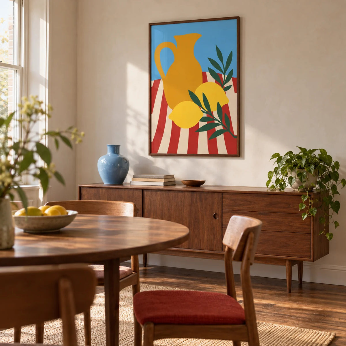 Still Life Poster, framed on the wall of a mid-century dining room in a renovated UK terrace with pale plaster walls and a walnut floor