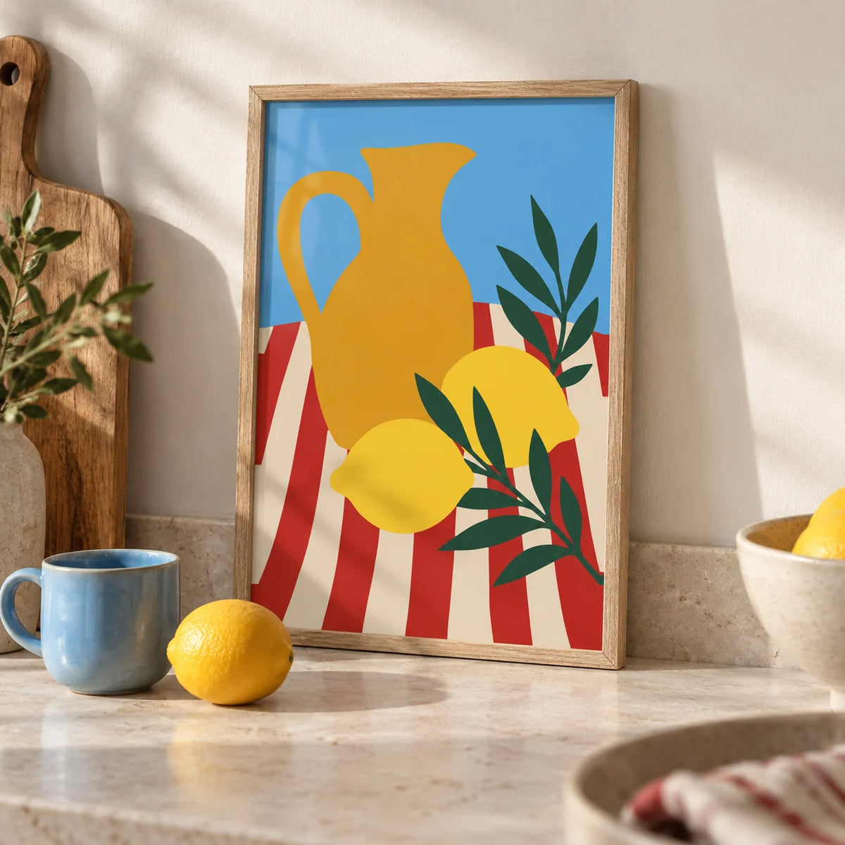 Still Life Poster, a small A4 framed print leaning on a pale stone kitchen worktop