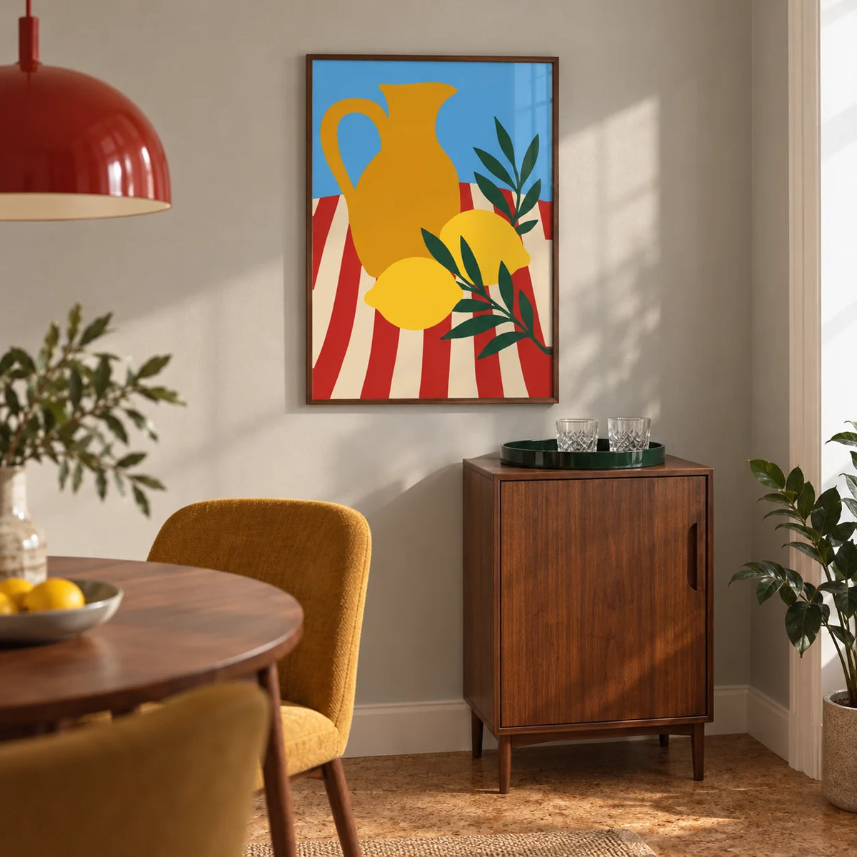 Still Life Poster, framed on the wall of a small dining and home-bar corner in a UK flat with a pale warm grey wall and a cork floor