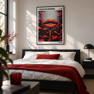 Strange Wall Art, framed on the wall of a bold monochrome bedroom with a white wall