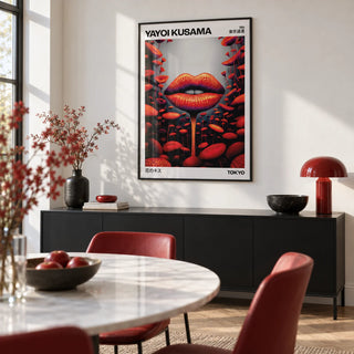 Strange Wall Art, framed on the wall of a modern dining area with a white wall