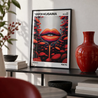 Strange Wall Art, a small A4 framed print leaning on a black metal shelf in a living room
